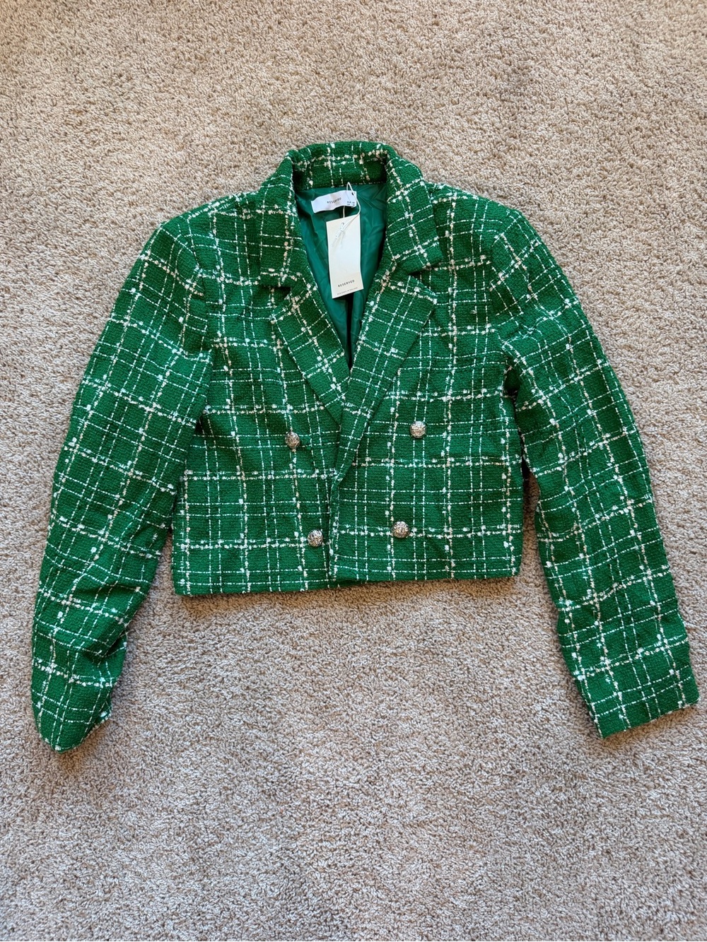Reserved Green Plaid Cropped Tweed Blazer